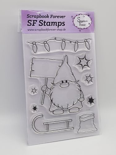 SF Stamps Wichtel mit Schild und Schlitten